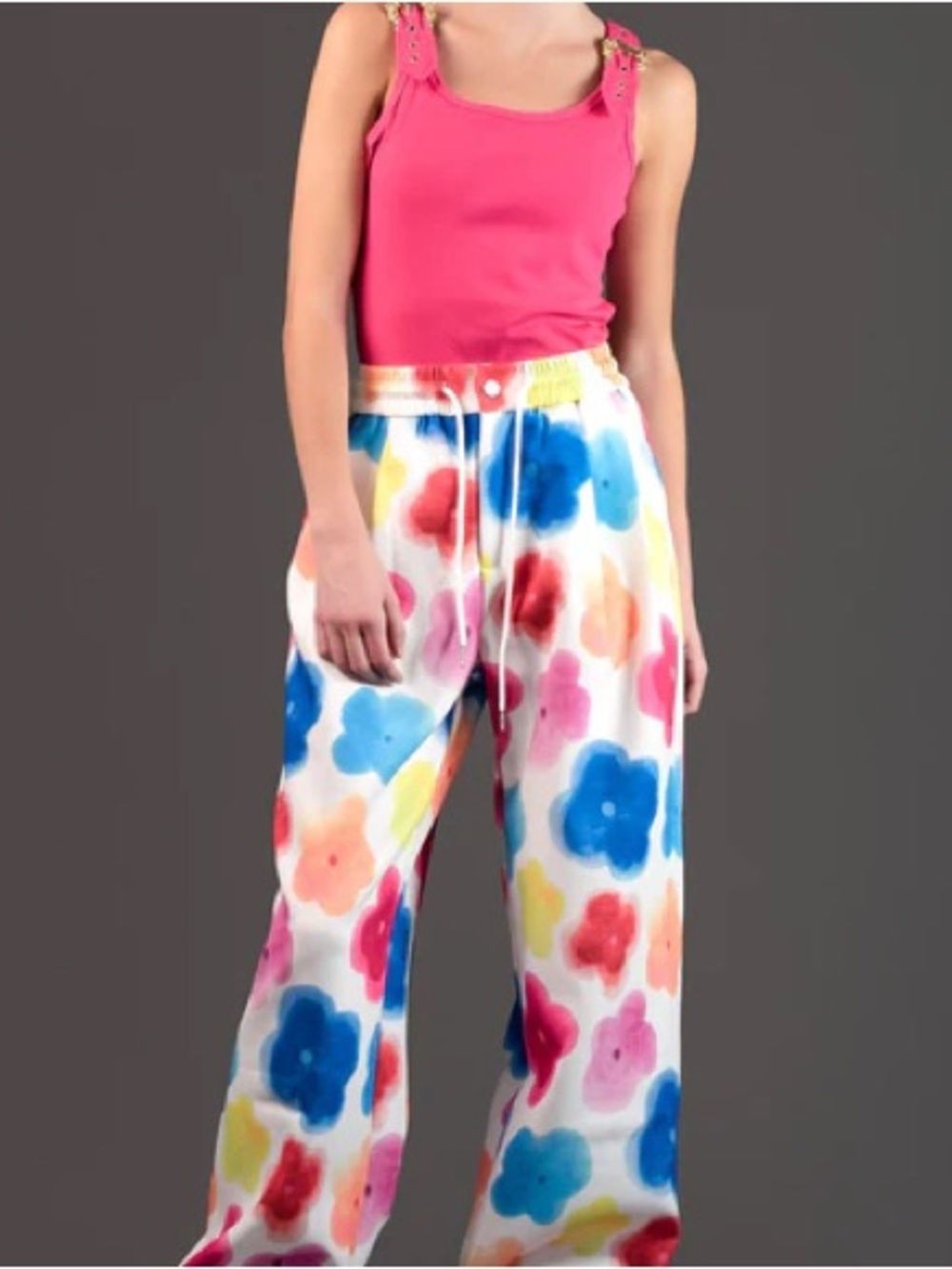 Kate Hewko Floral Watercolor Wide-Leg Lounge Pants - Pink Blue Multicolor